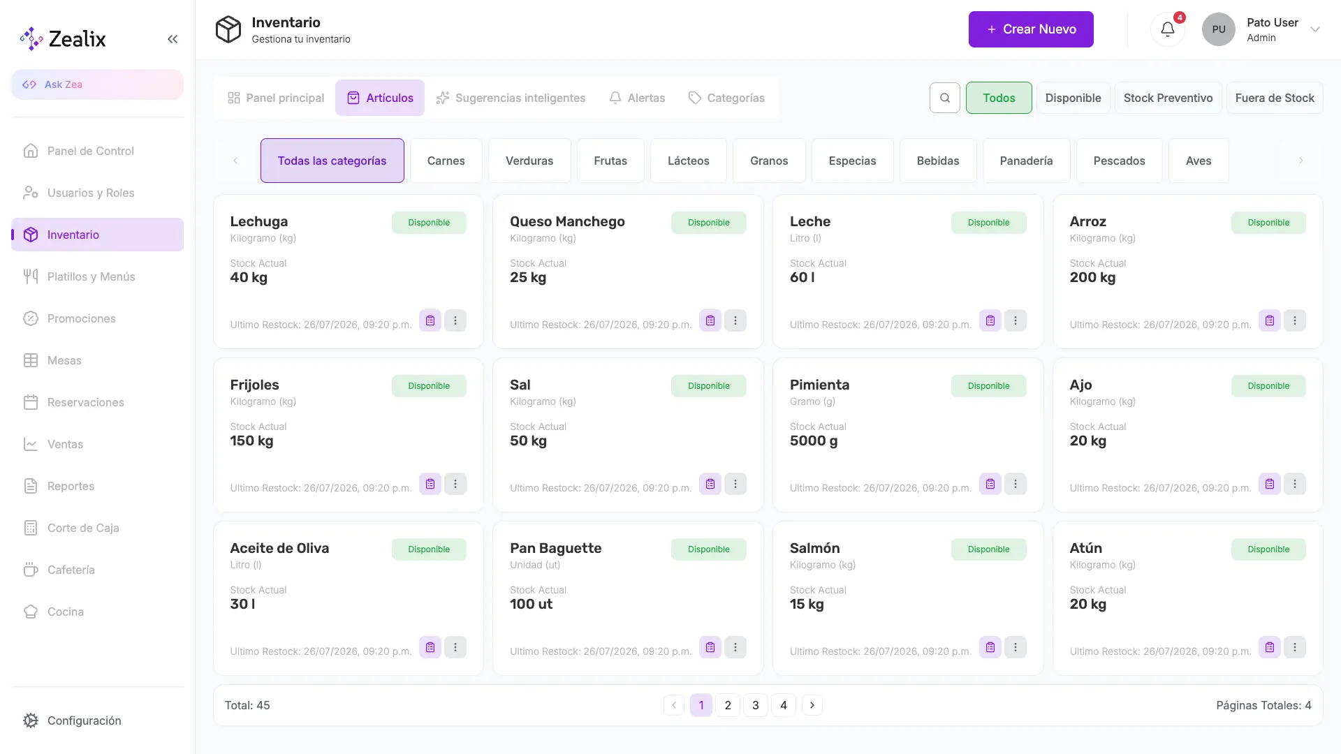 Inventario real de Zealix con artículos y niveles de existencia