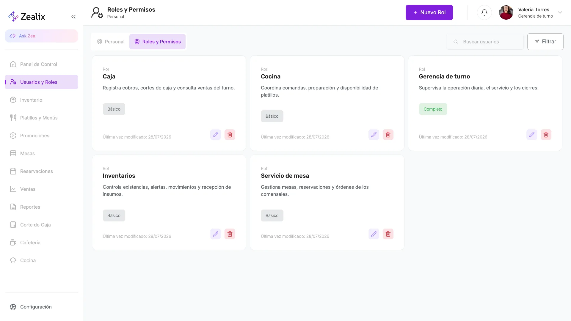 Roles y permisos configurados en el restaurante de demostración de Zealix