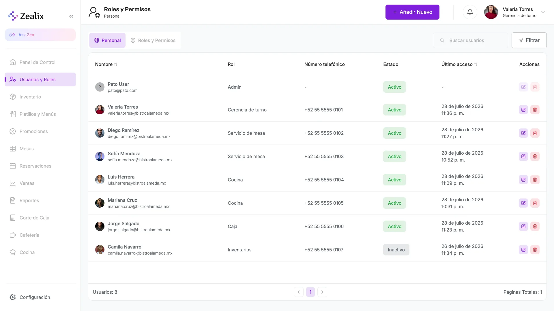 Módulo real de usuarios y roles de Zealix con un equipo de restaurante completo