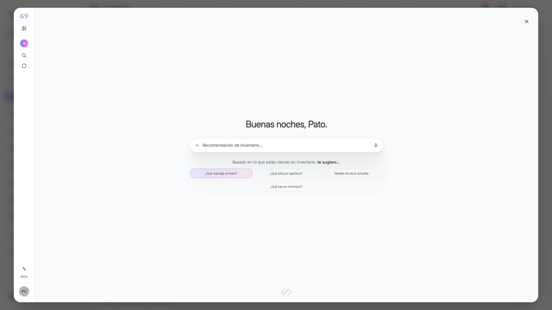 Pantalla real de bienvenida de Zea abierta desde el módulo de inventario